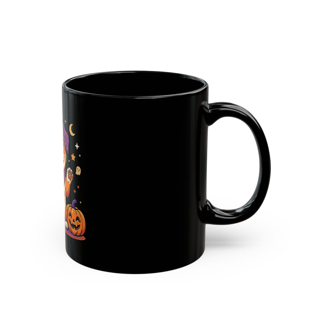 Halloween Puppy Black Mug — Cute Witch Dog with Pumpkin (11oz & 15oz)
