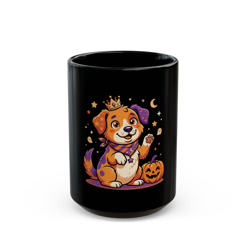 Halloween Puppy Black Mug — Cute Witch Dog with Pumpkin (11oz & 15oz)