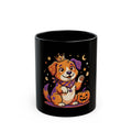 Halloween Puppy Black Mug — Cute Witch Dog with Pumpkin (11oz & 15oz)