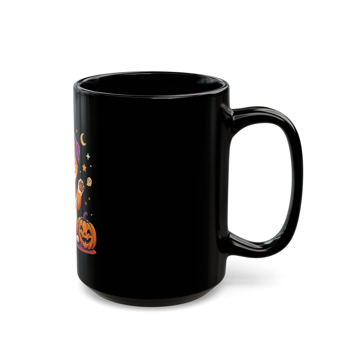 Halloween Puppy Black Mug — Cute Witch Dog with Pumpkin (11oz & 15oz)